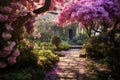 A picturesque garden featuring a stone path surrounded by beautiful pink flowers, An enchanting spring garden in full bloom, AI Royalty Free Stock Photo