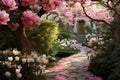 A picturesque garden featuring a vibrant display of pink flowers accentuated by a peaceful stone path, An enchanting spring garden Royalty Free Stock Photo