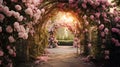 picturesque garden featuring a white trellis archway covered in blooming pink roses Royalty Free Stock Photo