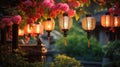 Garden of Tranquility: Chinese Lamps Adorn a Sunset Oasis in Bloom