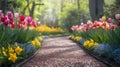 A picturesque garden path adorned with colorful tulips and daffodils, ideal for an Easter stroll Royalty Free Stock Photo