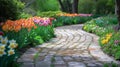 A picturesque garden path adorned with colorful tulips and daffodils, ideal for an Easter stroll Royalty Free Stock Photo