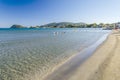 Picturesque golden sandy beach in Laganas situated on Laganas bay of Zakynthos island on Ionian Sea, Greece. Royalty Free Stock Photo