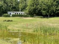 Picturesque golf hole with a pond, ducks and bunker Royalty Free Stock Photo