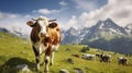 Picturesque and gorgeous day scene. Cows graze on hills in sunbeams. Generative AI