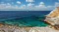 Picturesque Greece landscape. Amazing cliff rocks on the west coast of Ionian sea. Wonderful summer seascape with perfect blue sky