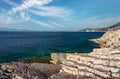 Picturesque Greece landscape. Amazing cliff rocks on the west coast of Ionian sea. Wonderful summer seascape with perfect blue sky