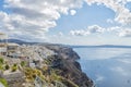 Picturesque greek houses and romantic panoramic view on Fira town and caldera. Beautiful natural landscape. Santorini.