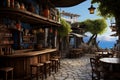 Picturesque Greek tavern near sea. Generate Ai Royalty Free Stock Photo