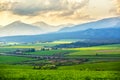 Picturesque green fields and meadow landscape. Spring mountain valley Royalty Free Stock Photo