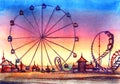 Picturesque hand drawn landscape with amusement park. Colorful silhouettes of attractions with high Ferris wheel and roller