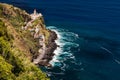 The fantastic view of the lighthouse from Nordeste directly on the steep coast of the Azores island of Sao Miguel Royalty Free Stock Photo