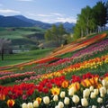 A picturesque hillside blanketed in colorful tulips radiates the essence of springtime exuberance