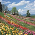 A picturesque hillside blanketed in colorful tulips radiates the essence of springtime exuberance