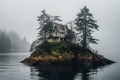 Picturesque House island foggy lake. Generate Ai Royalty Free Stock Photo