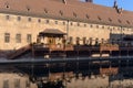 Picturesque houses along Rur River in the historic center of Strasburg, building of old customs