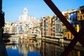 Picturesque houses and church in Girona. Catalonia, Spain Royalty Free Stock Photo