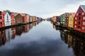 Picturesque houses view from the Gamle Bybro Old Town Bridge in the center of Trondheim Royalty Free Stock Photo