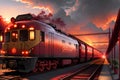 The Magnificent Long Train Approaching the Station on Rails Amidst the Spectacular Crimson Glow of the Sunset. AI generated