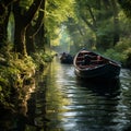 wooden rowing boat on the river surrounded by trees