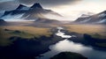 A picturesque Irish landscape with a river against the backdrop of rugged mountains. AI generation