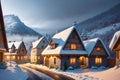 a picturesque isometric winter scene featuring charming wooden houses