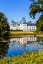 Picturesque Kronovall Castle and gardens reflected in a pond in the foreground on a summer dday under a blue sky