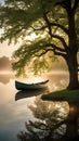 Picturesque lake at dawn with an empty canoe resting under the shelter of a broad maple tree Royalty Free Stock Photo
