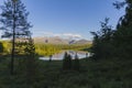 The picturesque lake in Mountains during a decline.