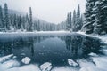 A picturesque lake rests peacefully amidst a stunning winter landscape blanketed by snow-covered evergreen trees, A frozen lake Royalty Free Stock Photo