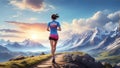 Picturesque landscape, a beautiful woman runs along a pathway surrounded by majestic mountains and an endless sky, creating a Royalty Free Stock Photo