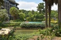 Picturesque landscape with a bridge and a swimming pool. expensive luxury hotel in the tropics. rest in a hotel in the summer by t Royalty Free Stock Photo