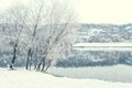 Picturesque landscape with falling snowflake. Frozen river and