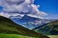 Picturesque landscape featuring a bright blue sky over the Splugen Pass in the Alps