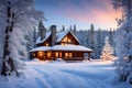 A picturesque landscape featuring a tranquil snowy scene, with a charming cabin nestled among frost-covered trees. The serene