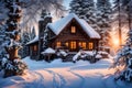 A picturesque landscape featuring a tranquil snowy scene, with a charming cabin nestled among frost-covered trees. The serene