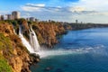 Picturesque landscape of the Lower Duden waterfall and Mediterranean Sea in the Antalya city Royalty Free Stock Photo