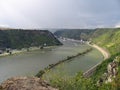 Picturesque landscape of Middle Rhine river. View from above from Lorelei rocks at St. Goarshausen, Katz Castle. Royalty Free Stock Photo