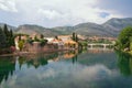 Picturesque landscape with mountains and ancient city on bank of river. Bosnia and Herzegovina, Trebinje