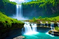 Multiple waterfalls with clear water flowing into an open river generated by ai Royalty Free Stock Photo