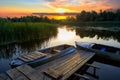 Picturesque landscape with an old rustic wooden pier and old boats at sunset on the Dnieper Delta Royalty Free Stock Photo