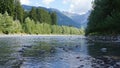 Picturesque landscape with a river with rocky outcrops and lush green trees in the foreground