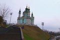 Picturesque landscape view of ancient St. Andrew`s Church or the Cathedral of St. Andrew against rainy sky