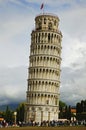 Picturesque landscape view of medieval Leaning Tower of Pisa against stormy sky and gloomy clouds. Notable landmark of Pisa