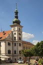 Picturesque landscape view of town hall with clock in the city center of Loket, Czech Republic