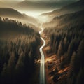 Long winding road passes through beautiful tree filled countryside