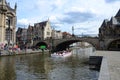 Picturesque medieval building and St. Michael's Bridge in the Gent, Belgium