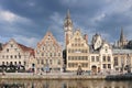 Picturesque medieval buildings overlooking the Graslei harbor on Leie river in Ghent town Belgium Europe