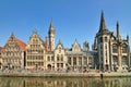 Picturesque medieval buildings overlooking the Graslei harbor on Leie river in Ghent town Belgium Europe