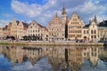 Picturesque medieval buildings overlooking the Graslei harbor on Leie river in Ghent town Belgium Europe